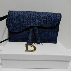 DIOR SLIM SADDLE POUCH Blue Embroidered Denim